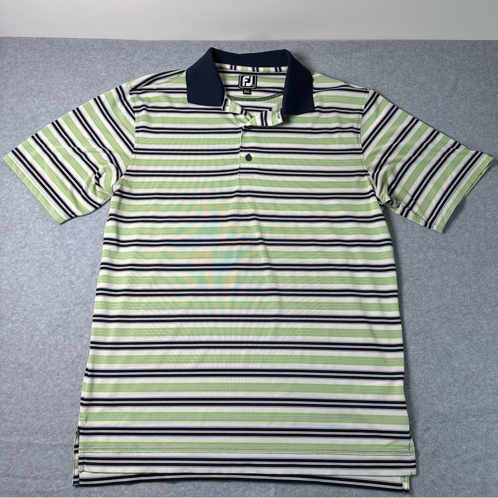 FootJoy Mens Athletic Fit Striped Golf Polo Shirt Green Navy White‎ L